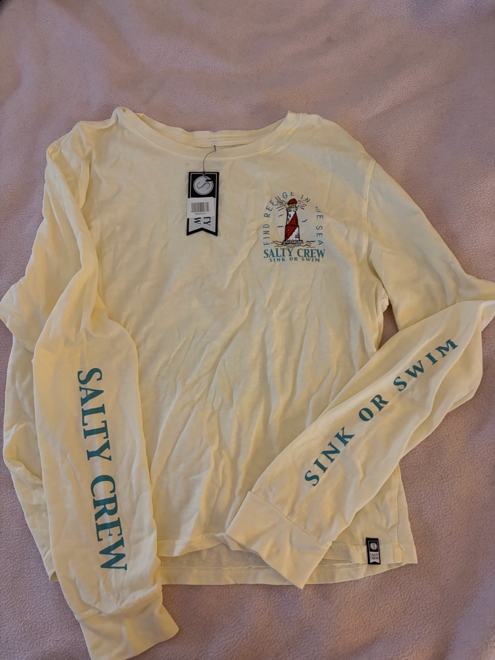 Salty Crew Pale Yellow Long-Sleeve Tee with Teal Graphics